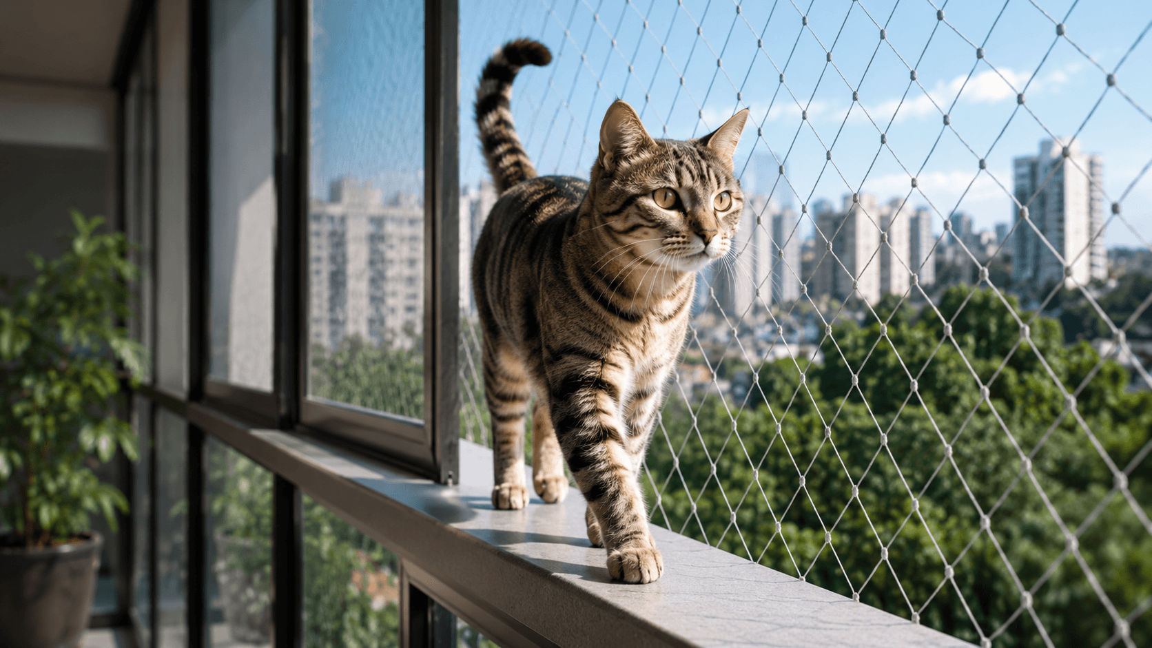 Rede de proteção para gatos instalada em apartamento em Chapecó